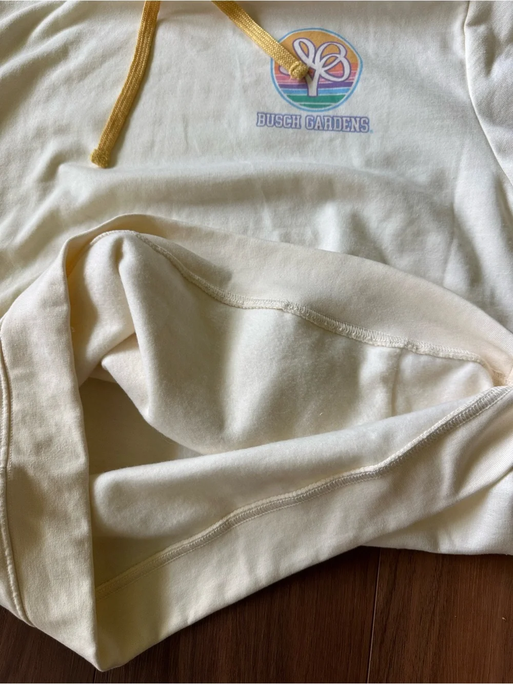 Busch Gardens Retro Rainbow Stripe Hoodie Cream Pastel Yellow Large Theme Park